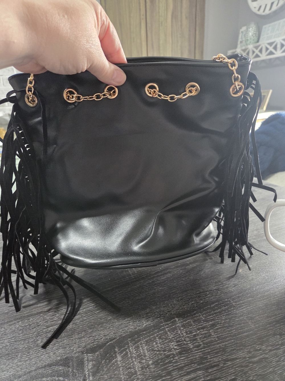 Black Shoulder Bag with Gold Chain Accent - Picture 2 of 3